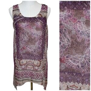 One World Womens Sheer Boho Butterfly Paisley Print Tunic‎ Tank Top M Y2K Fairy